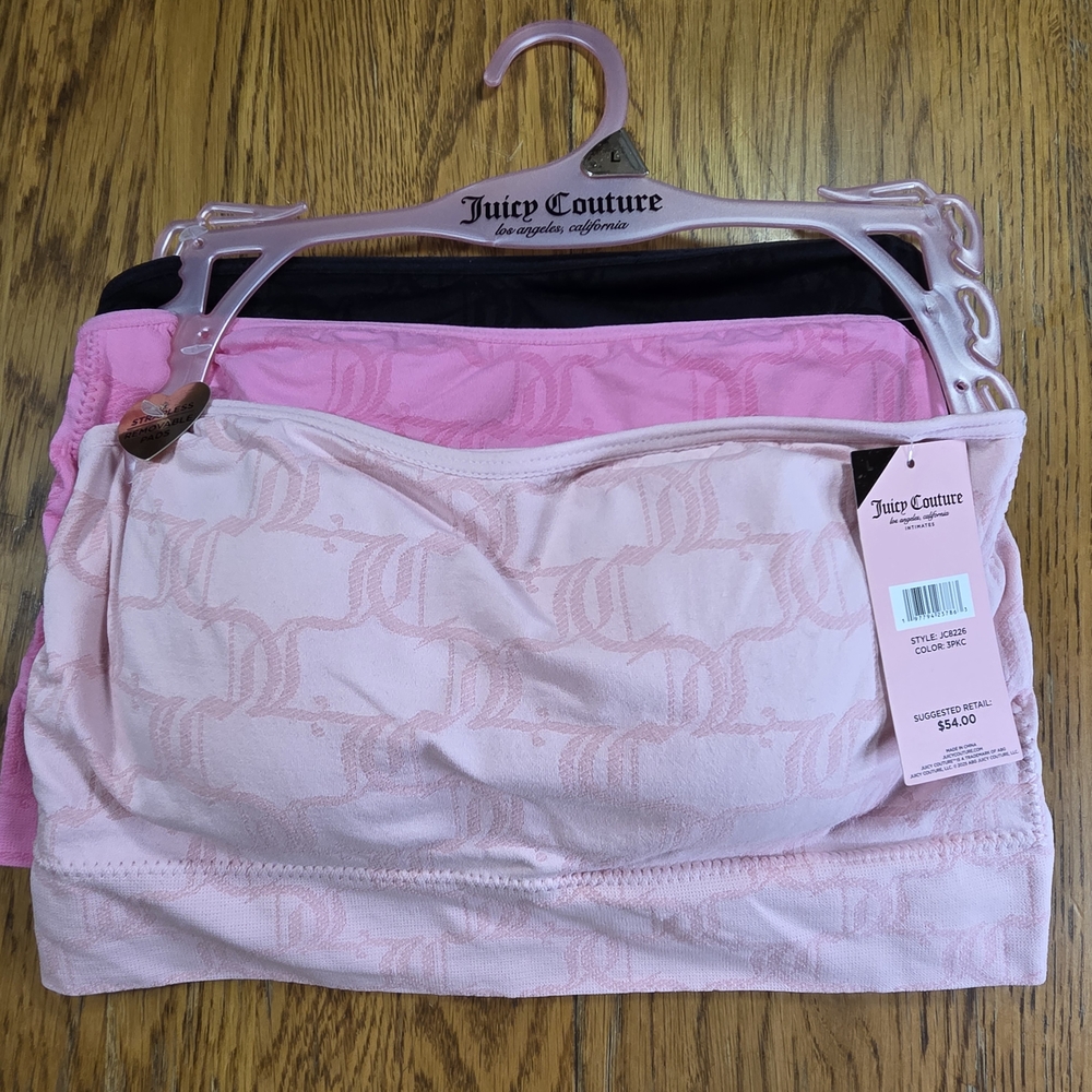 NWT Juicy Couture Pink and Black Strapless Bras Set Of 3. Size L KKCP